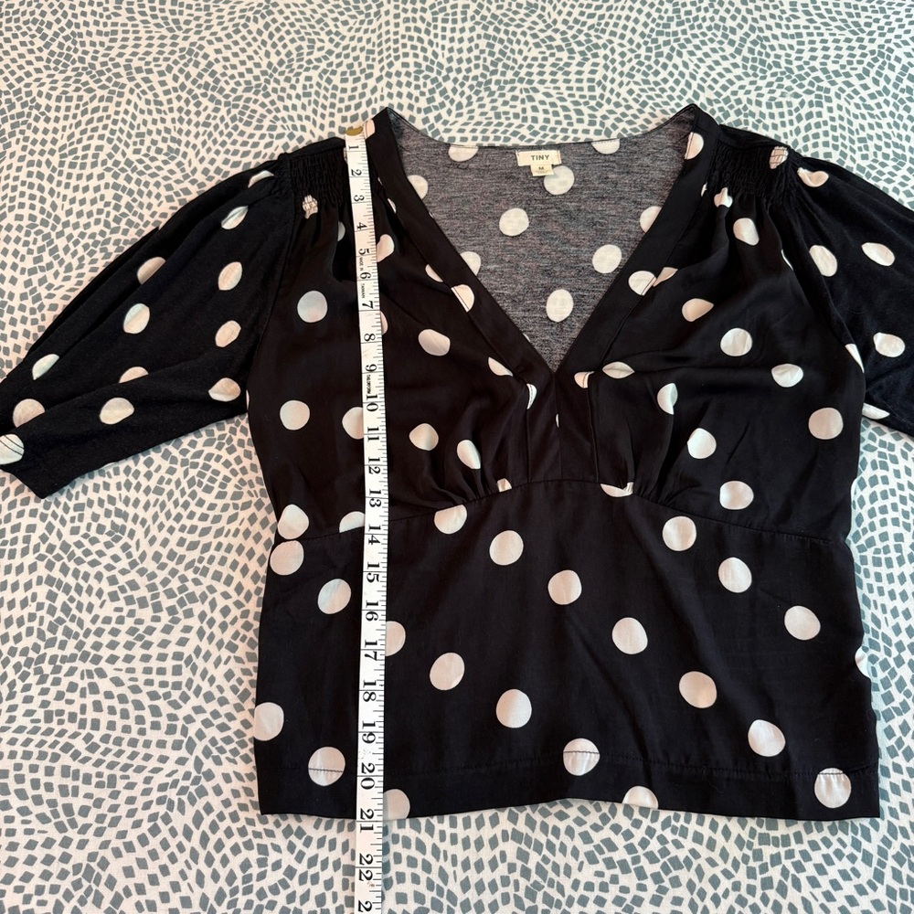 Anthropologie | Black and White Polka Dot Smocked Waist Blouse - Picture 9 of 11